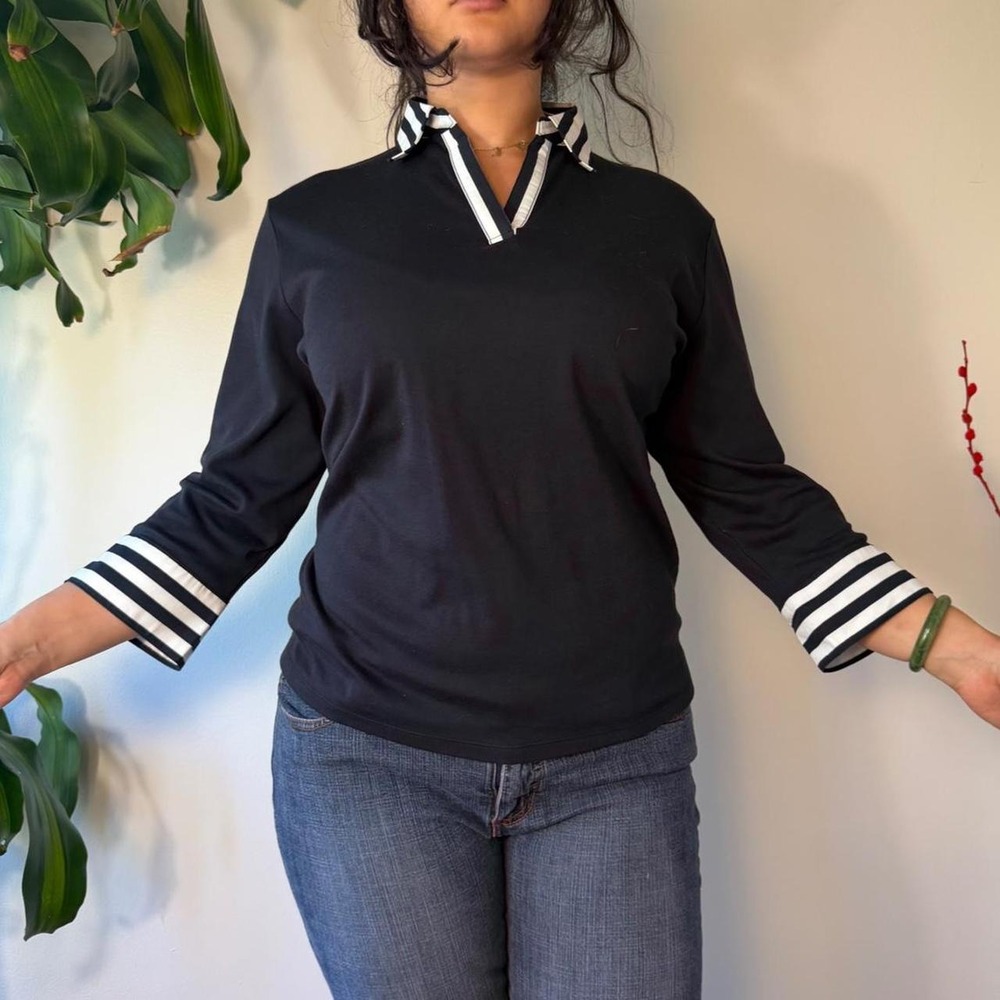 Drapers & Damons Black Striped 3/4 Sleeve Blouse Office Siren Petite XL